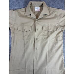 Vintage 70s Creighton US Army Button Up Shirt Mens Brown Work Uniform S 14-14.5